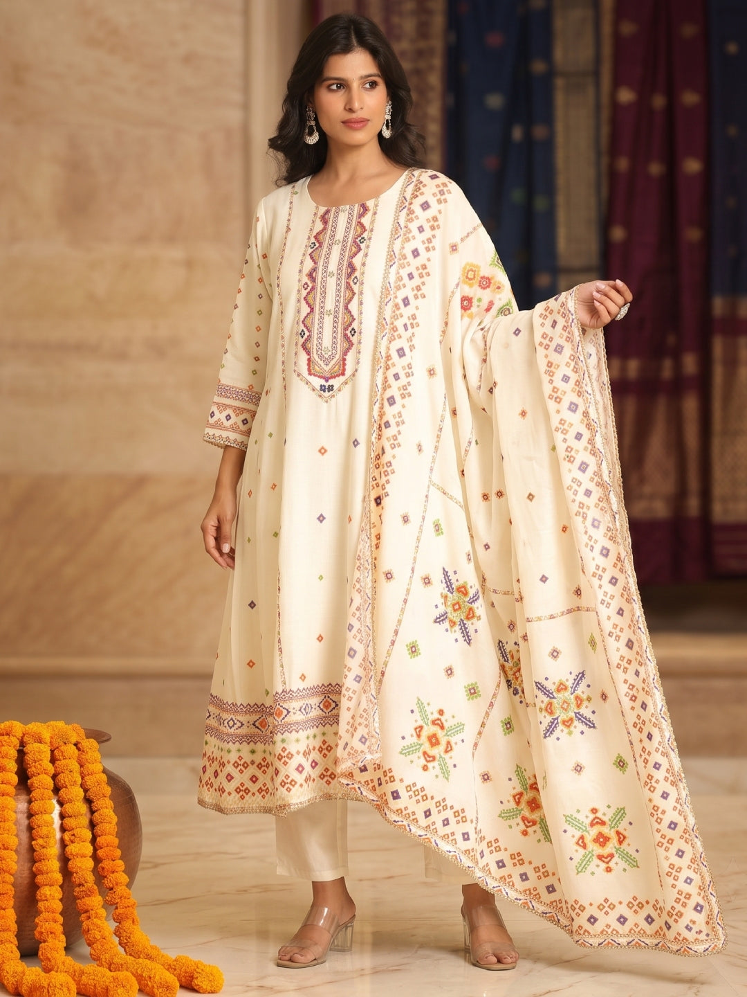 Chanderi Silk Patola Printed Anarkali Set - Bluauraa