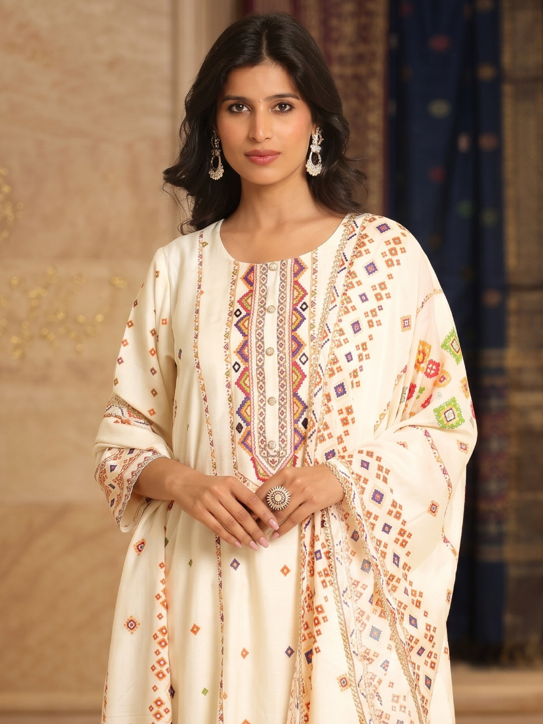 Chanderi Silk Patola Printed Anarkali Set - Bluauraa