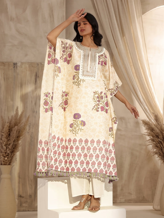 Jaal - Pattern Cotton Block Printed Kaftan Set - Bluauraa