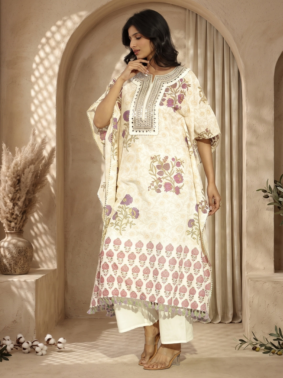 Jaal - Pattern Cotton Block Printed Kaftan Set - Bluauraa