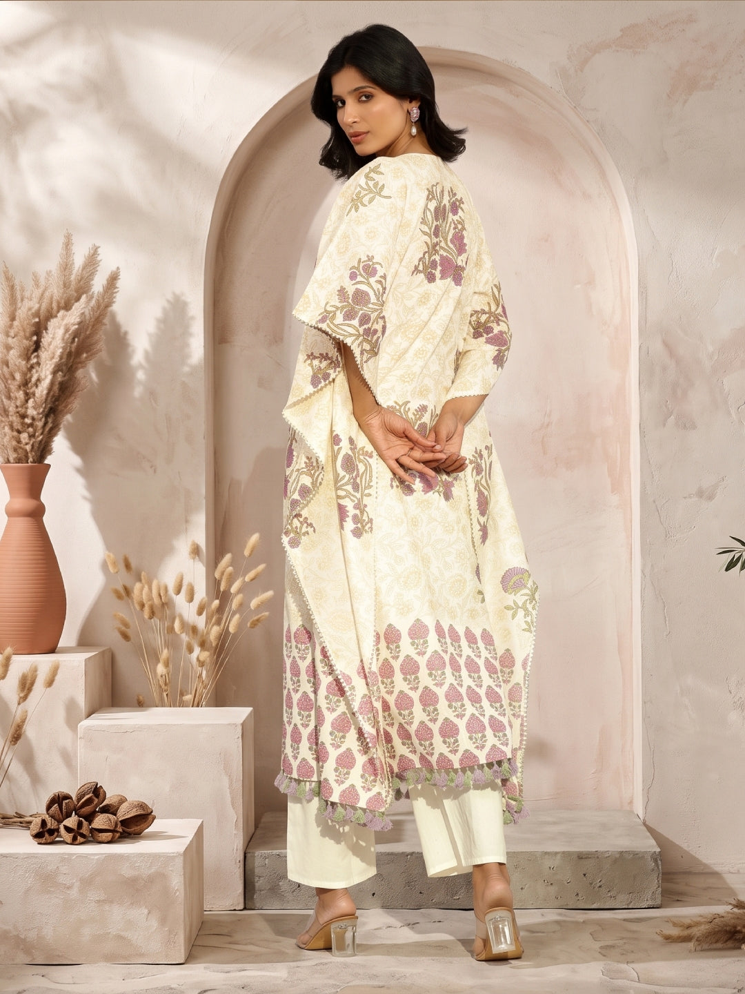 Jaal-Pattern Cotton Block Printed Kaftan Set - BluAuraa
