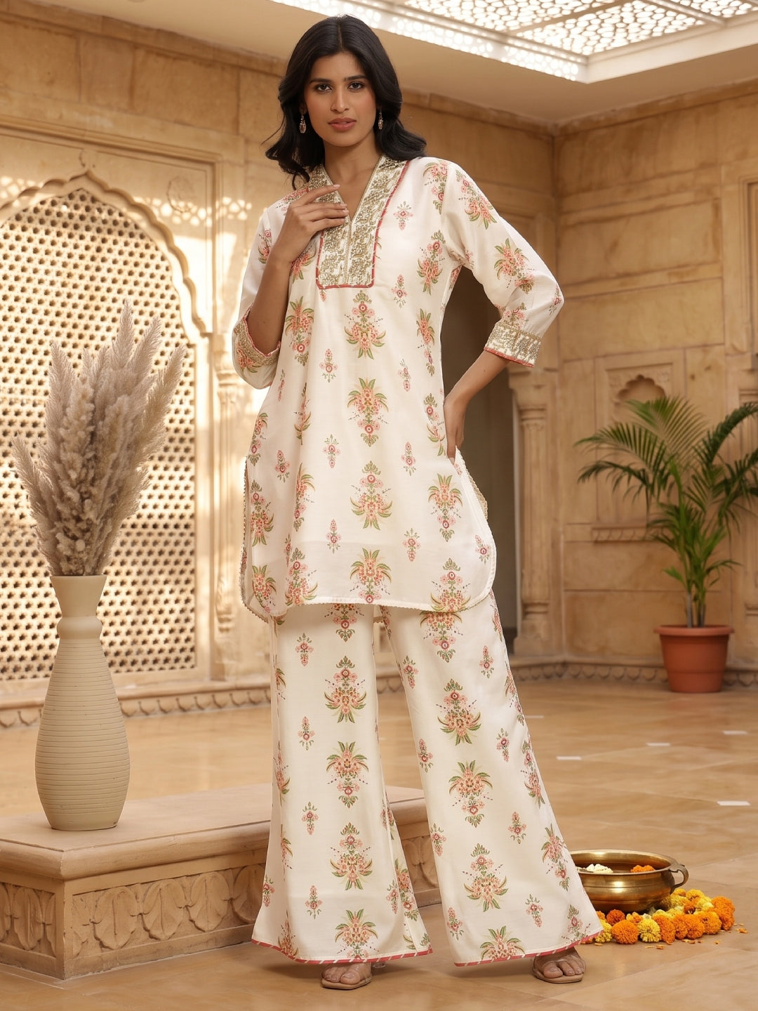 Chanderi Silk Floral Printed Co - ord Set - Bluauraa