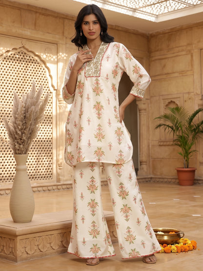 Chanderi Silk Floral Printed Co - ord Set - Bluauraa