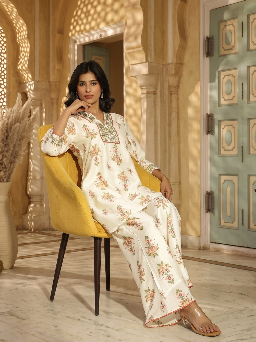 Chanderi Silk Floral Printed Co - ord Set - Bluauraa
