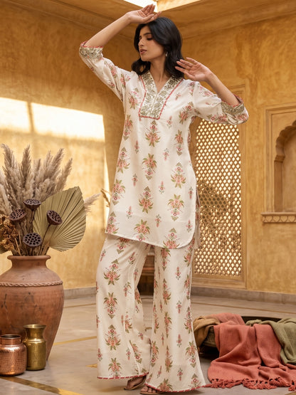 Chanderi Silk Floral Printed Co - ord Set - Bluauraa