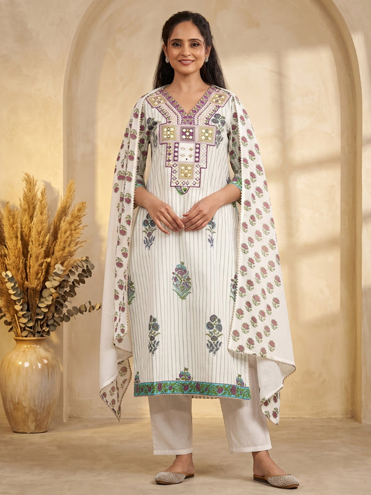 Cotton Floral - Printed Embroidered Straight Suit - Bluauraa
