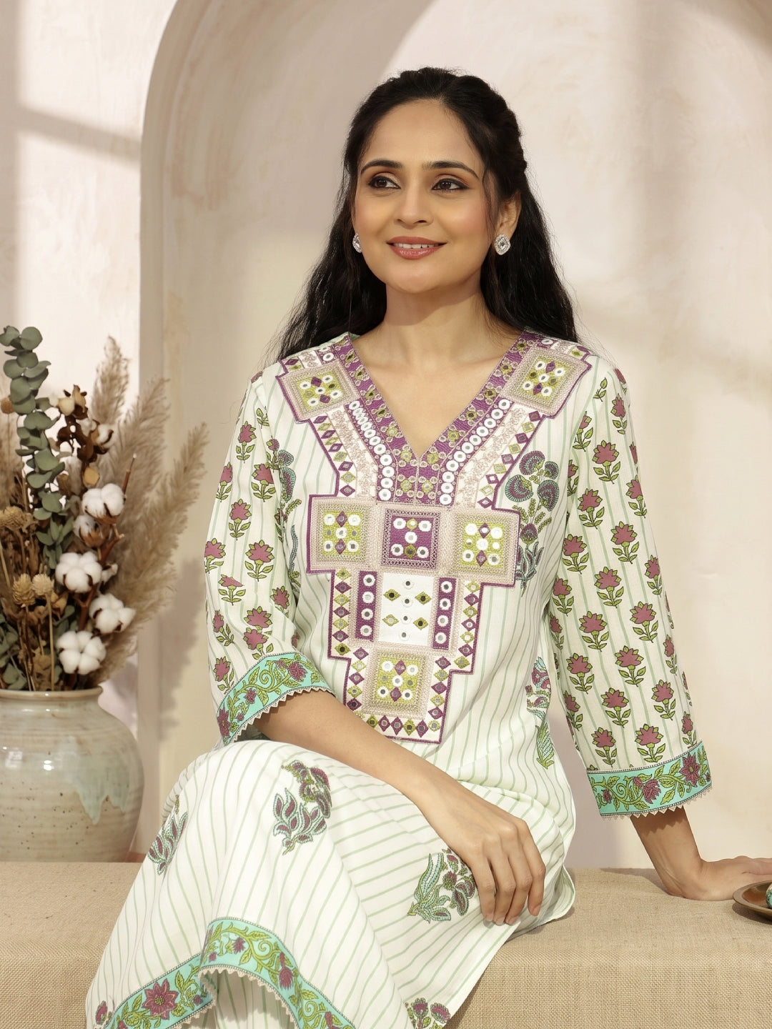 Cotton Floral - Printed Embroidered Straight Suit - Bluauraa
