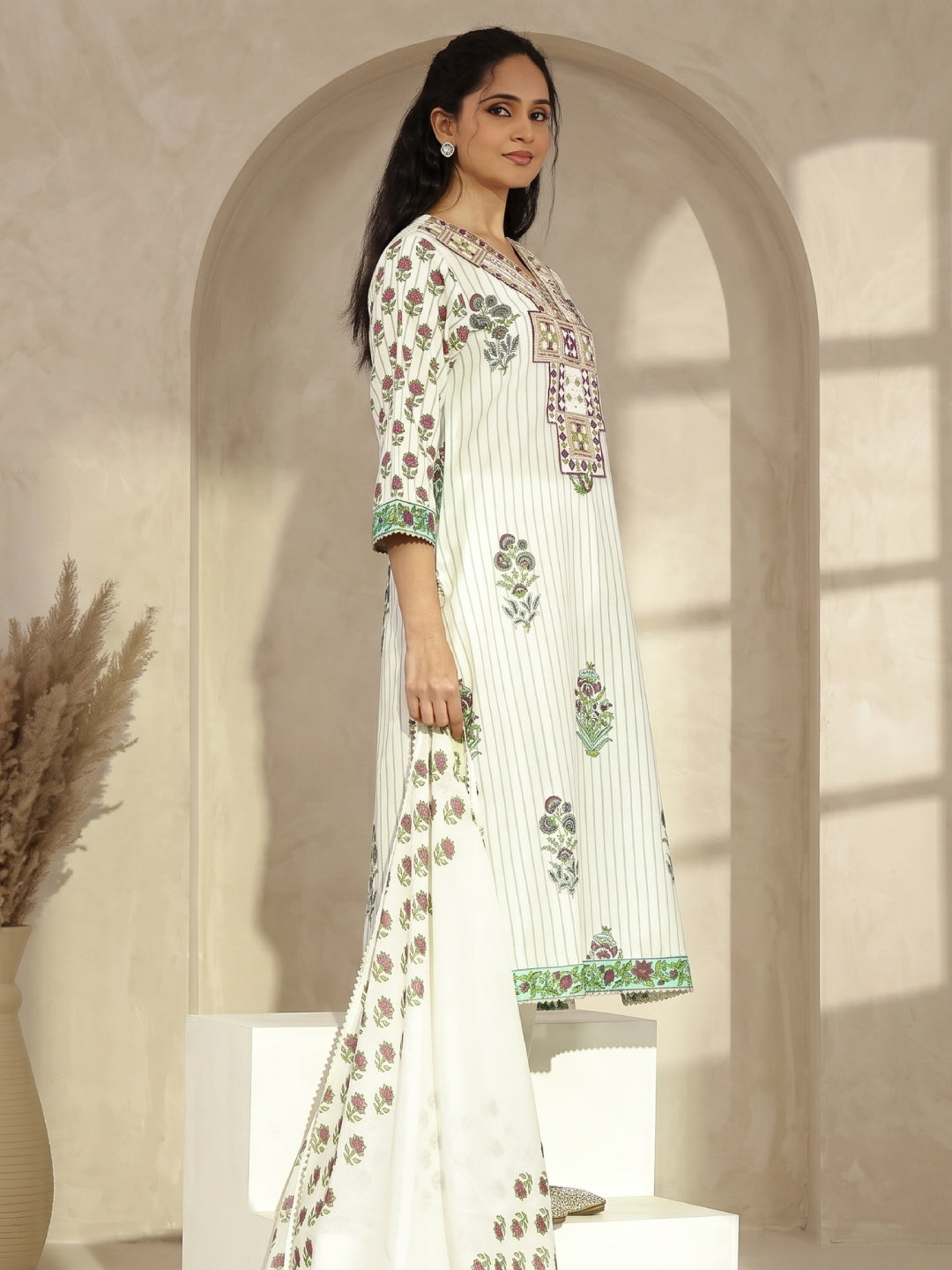 Cotton Floral - Printed Embroidered Straight Suit - Bluauraa