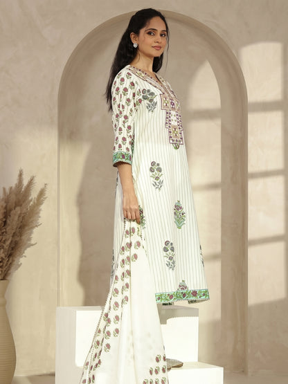Cotton Floral - Printed Embroidered Straight Suit - Bluauraa