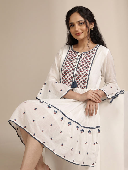 Cotton Mulmul Embroidered Dress - Bluauraa