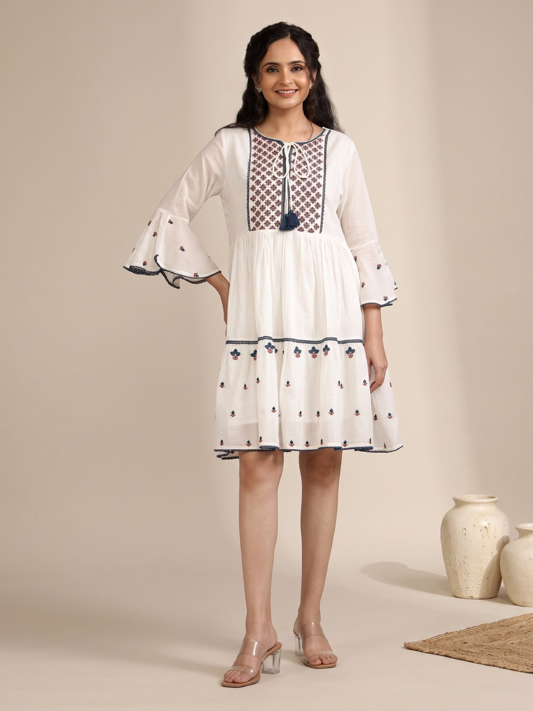 Cotton Mulmul Embroidered Dress - Bluauraa