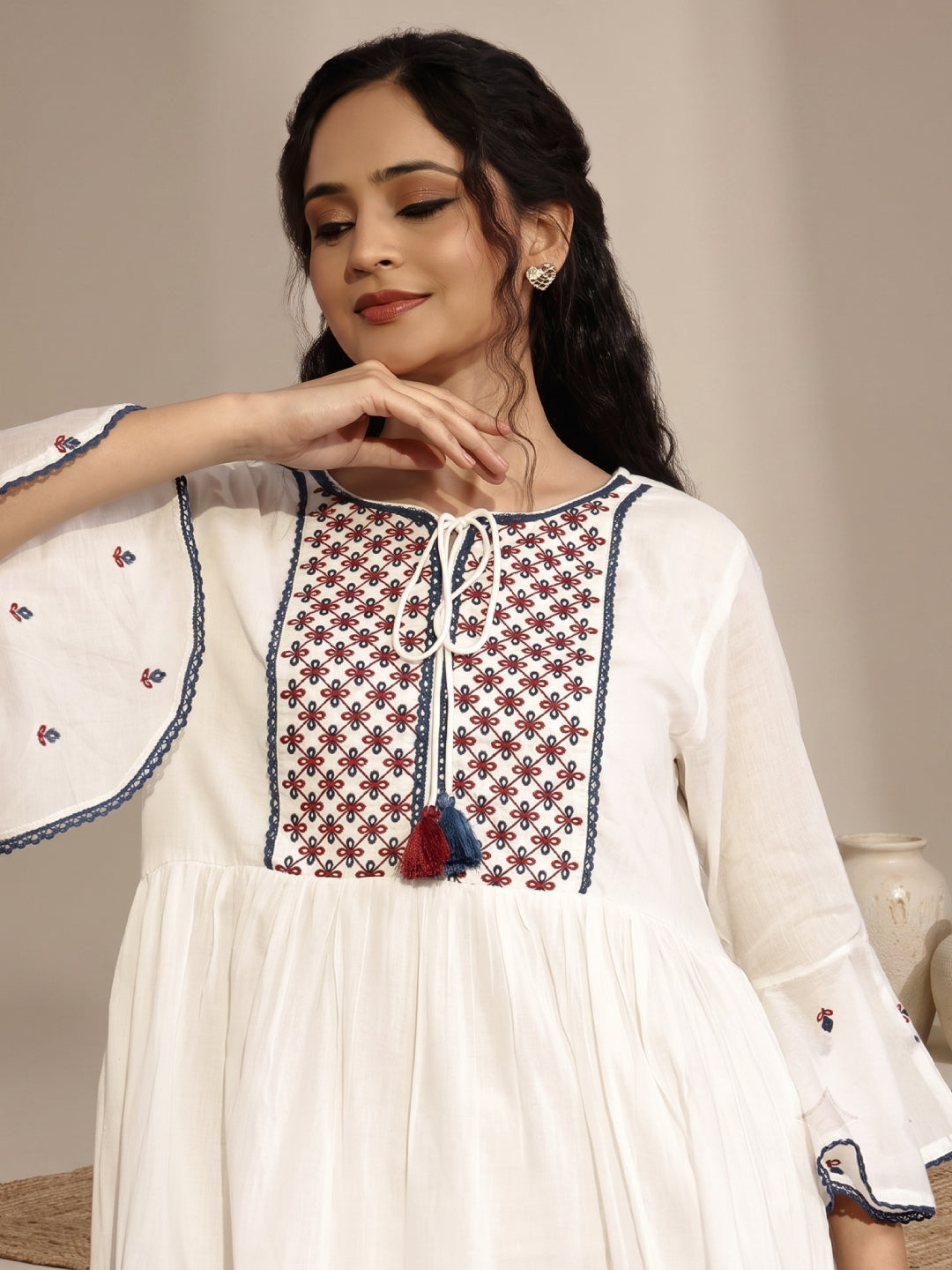 Cotton Mulmul Embroidered Dress - Bluauraa