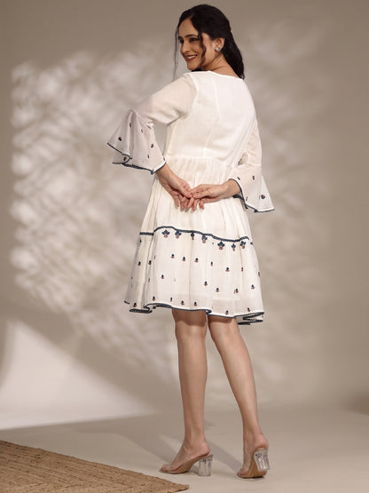 Cotton Mulmul Embroidered Dress - BluAuraa