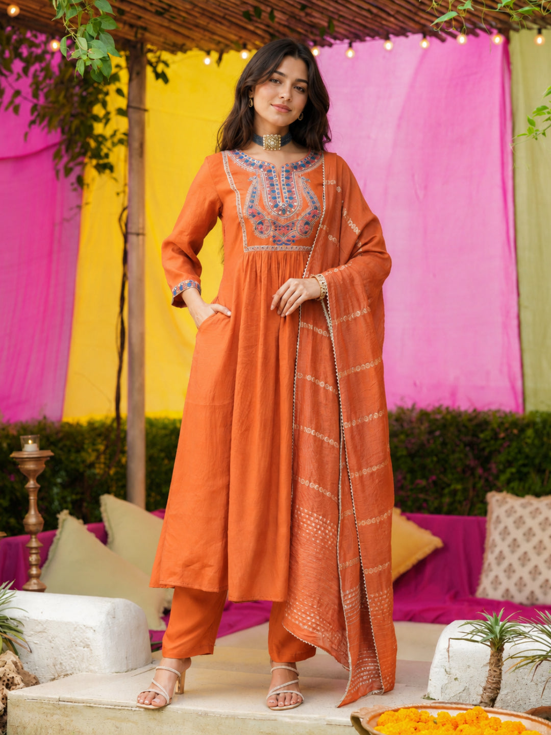 Mul Chanderi Embroidered Anarkali Suit - Bluauraa