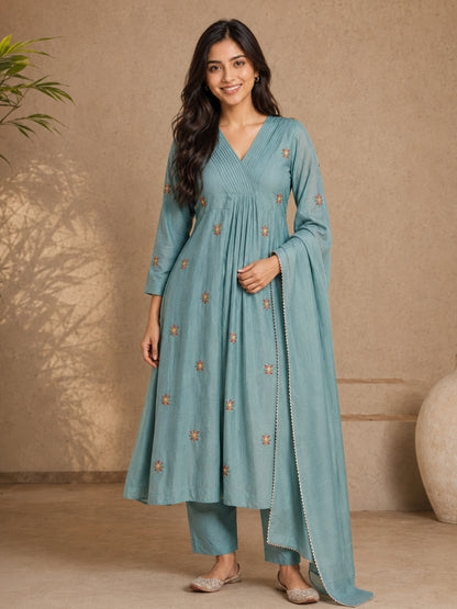 Mul Chanderi Hand Embroidered Anarkali Suit - Bluauraa