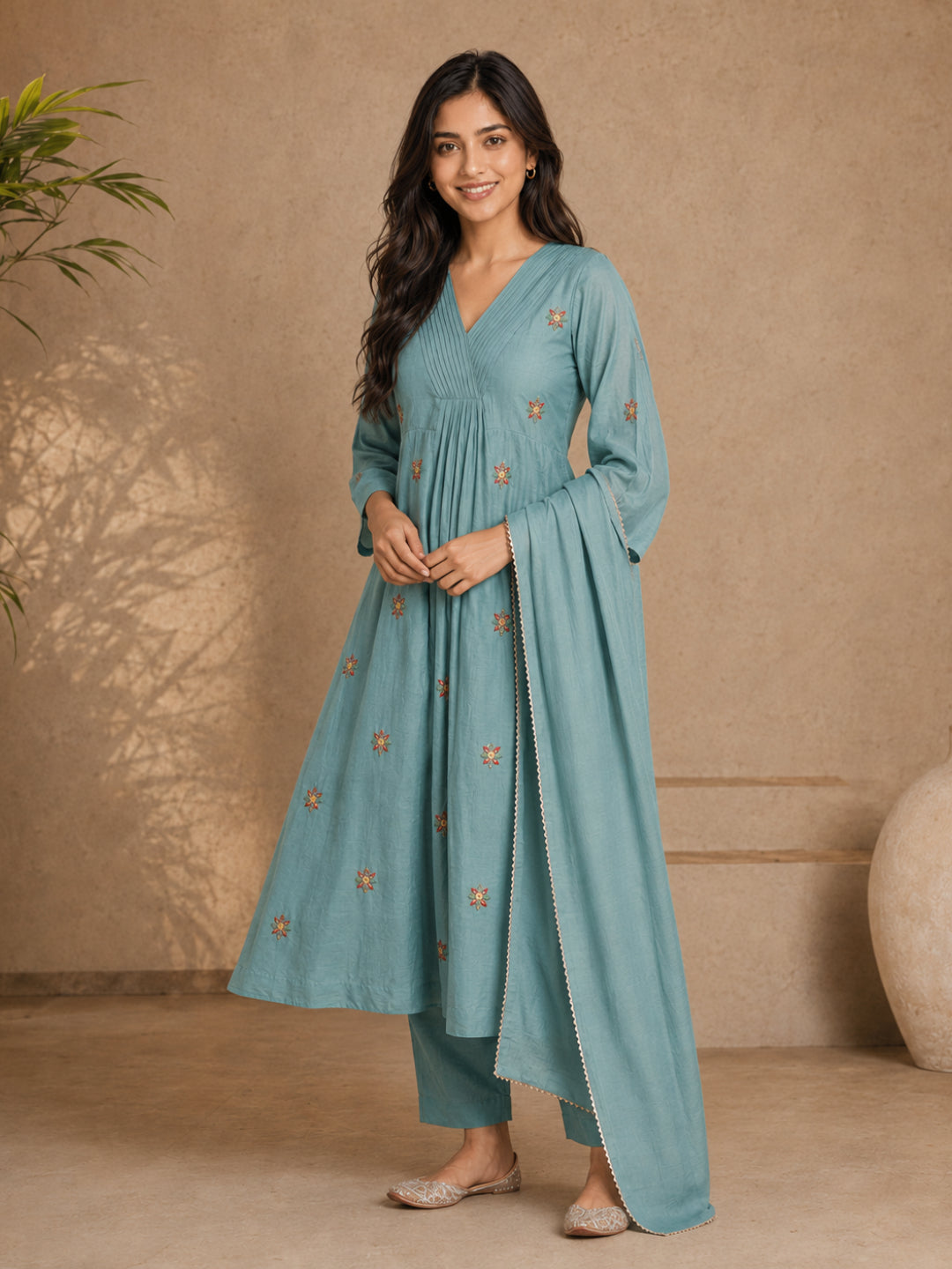 Mul Chanderi Hand Embroidered Anarkali Suit - Bluauraa