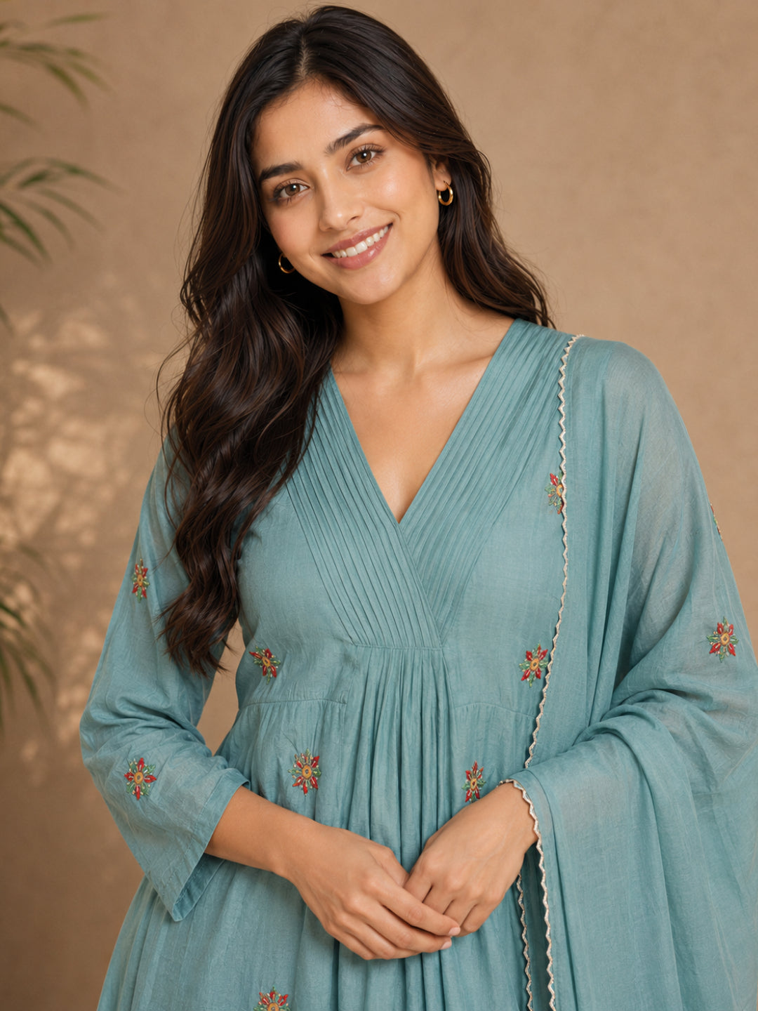 Mul Chanderi Hand Embroidered Anarkali Suit - Bluauraa