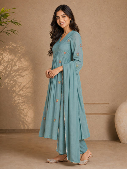 Mul Chanderi Hand Embroidered Anarkali Suit - Bluauraa