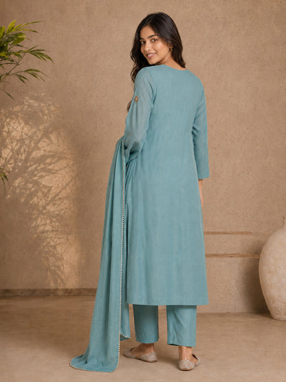 Mul Chanderi Hand Embroidered Anarkali Suit - BluAuraa