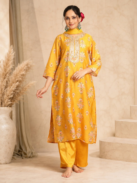 Mustard Floral Chanderi Silk Straight Suit - Bluauraa