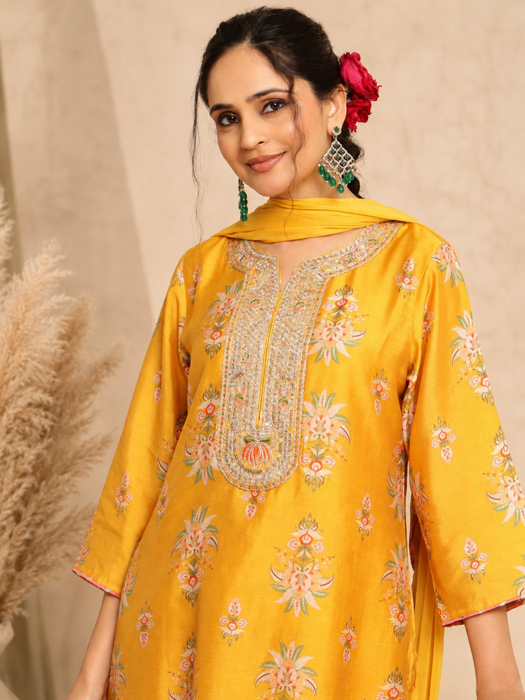 Mustard Floral Chanderi Silk Straight Suit - Bluauraa