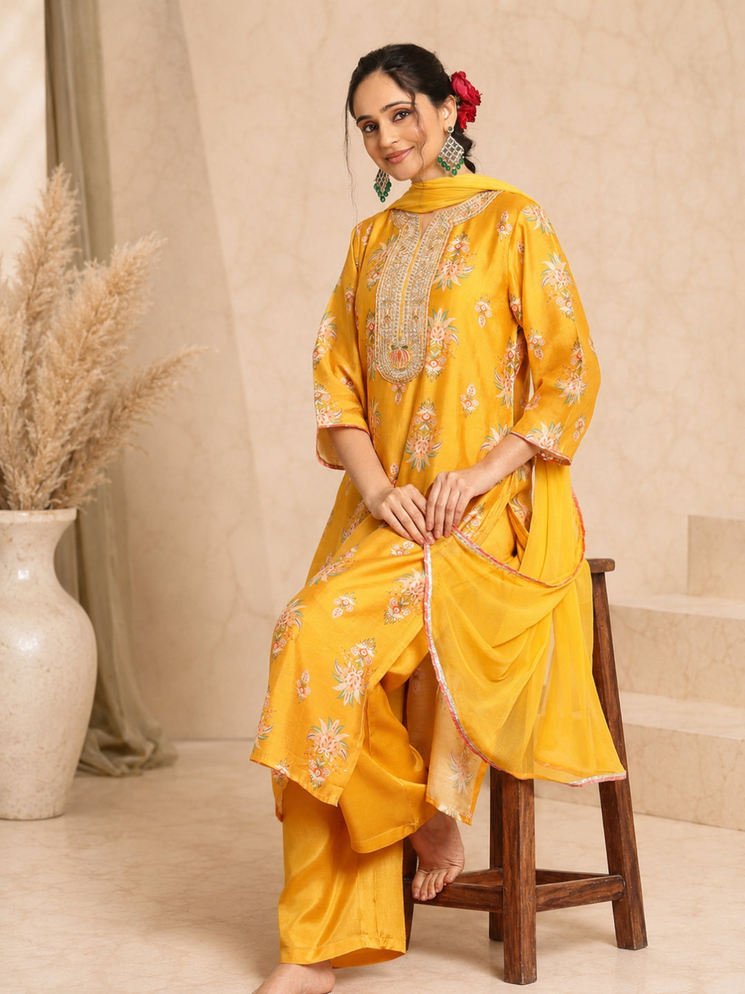 Mustard Floral Chanderi Silk Straight Suit - Bluauraa