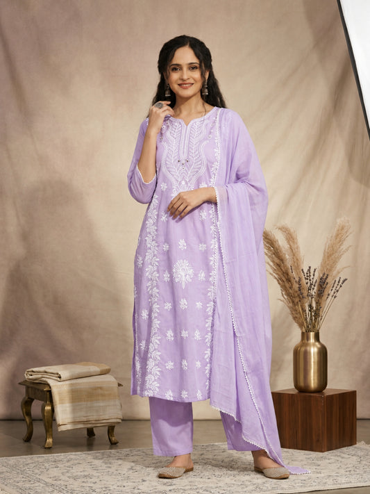 Cotton Mulmul Chikankari Embroidered Straight Suit Lavender - Bluauraa