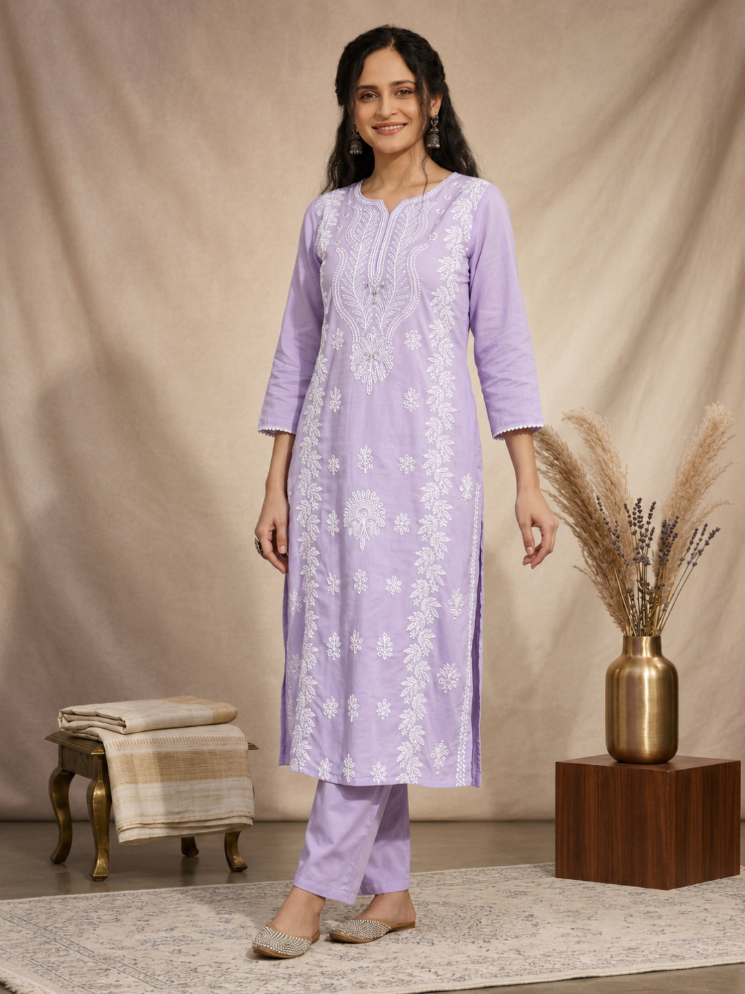 Cotton Mulmul Chikankari Embroidered Straight Suit Lavender - Bluauraa