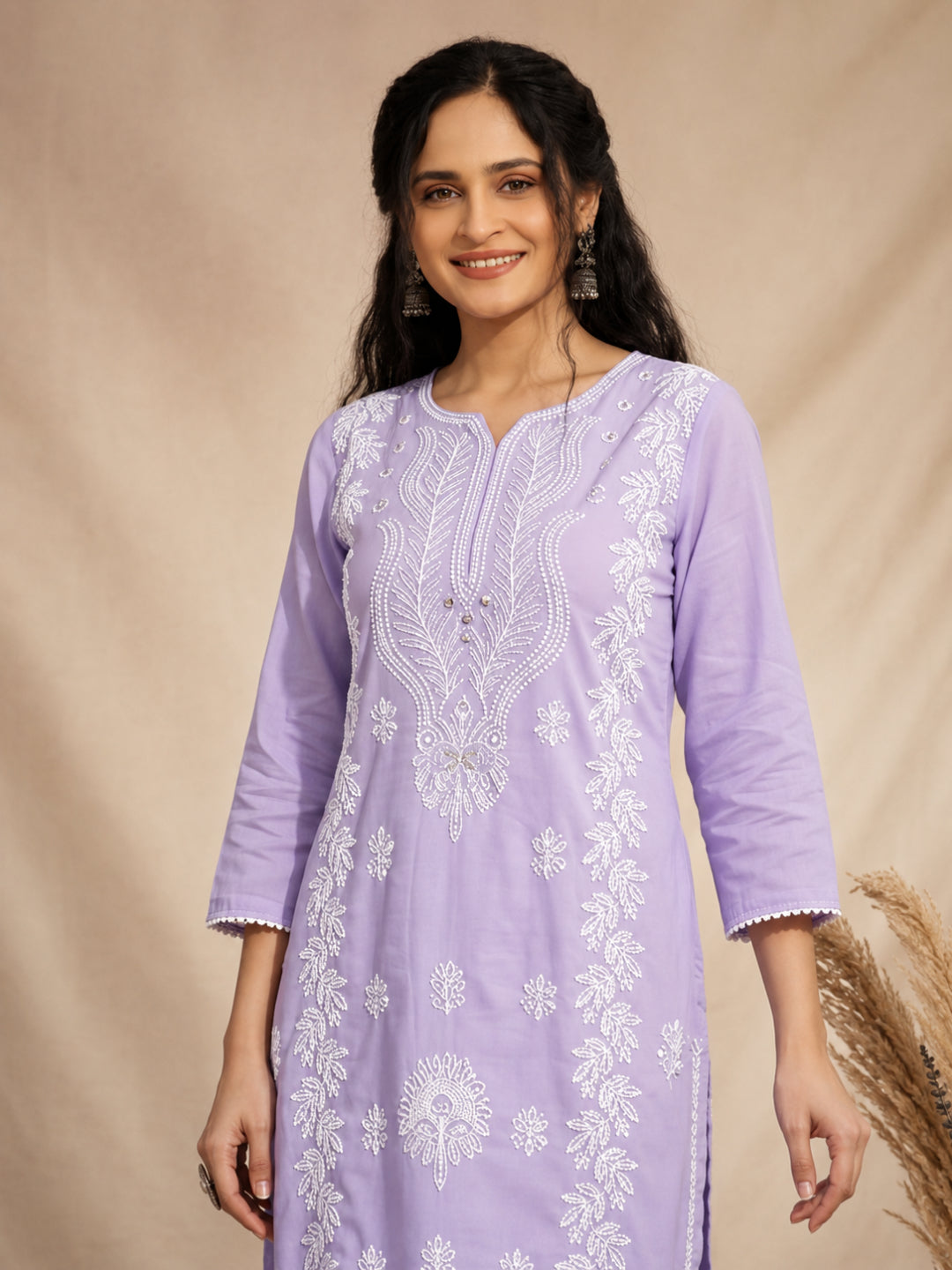 Cotton Mulmul Chikankari Embroidered Straight Suit Lavender - Bluauraa