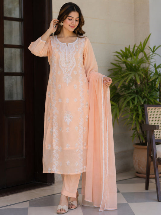 Cotton Mulmul Chikankari Embroidered Straight Suit Baby Pink - Bluauraa