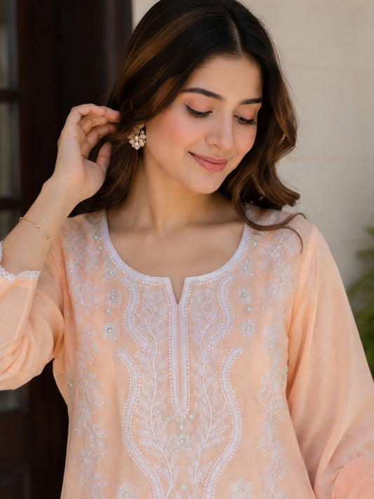Cotton Mulmul Chikankari Embroidered Straight Suit Baby Pink - Bluauraa