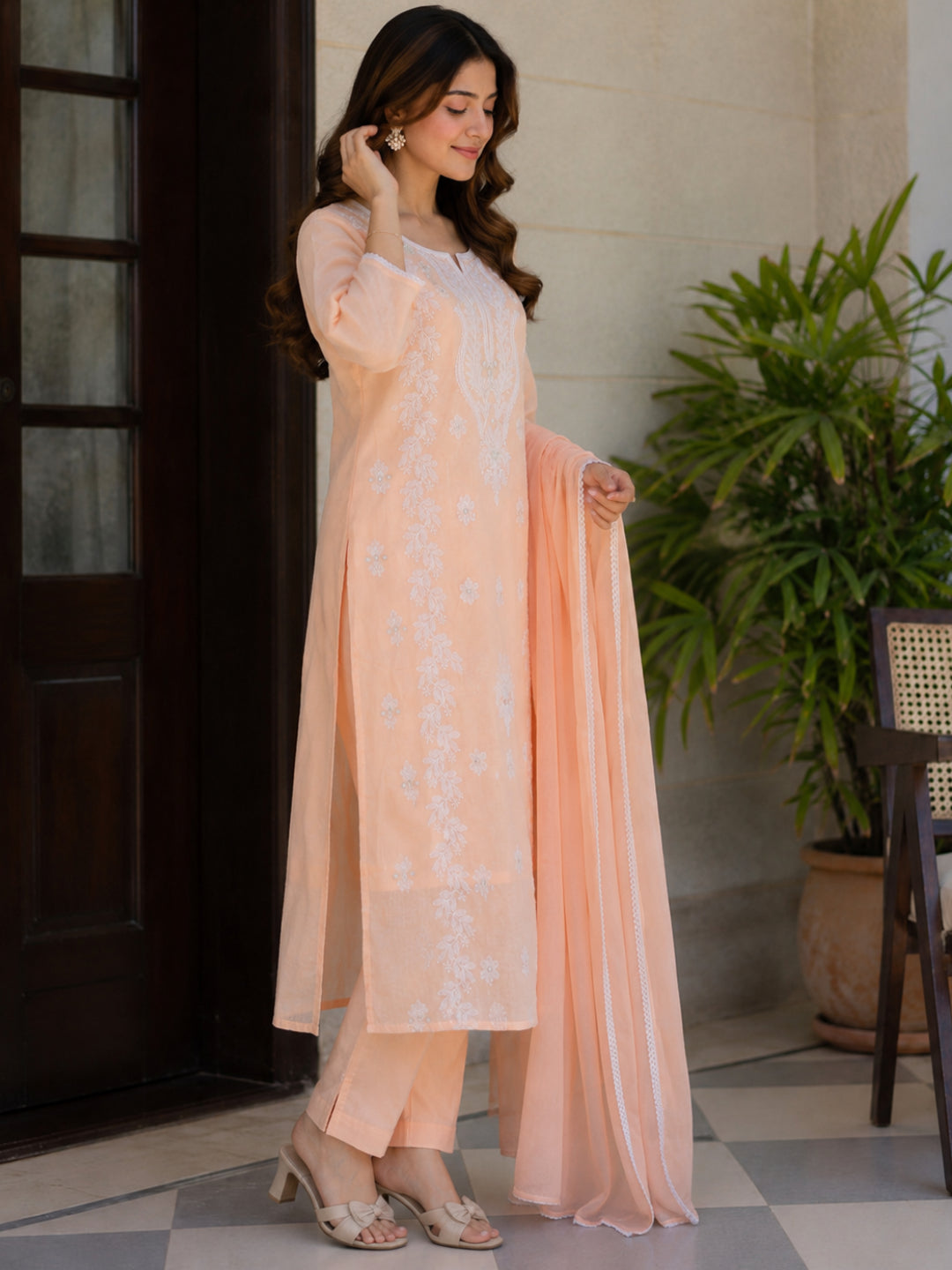 Cotton Mulmul Chikankari Embroidered Straight Suit Baby Pink - Bluauraa
