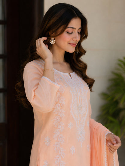 Cotton Mulmul Chikankari Embroidered Straight Suit Baby Pink - Bluauraa