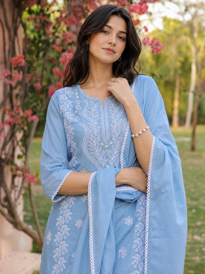 Cotton Mulmul Chikankari Embroidered Straight Suit Powder Blue - Bluauraa