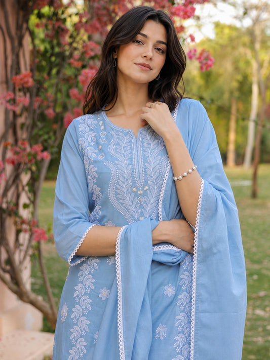 Cotton Mulmul Chikankari Embroidered Straight Suit Powder Blue - Bluauraa