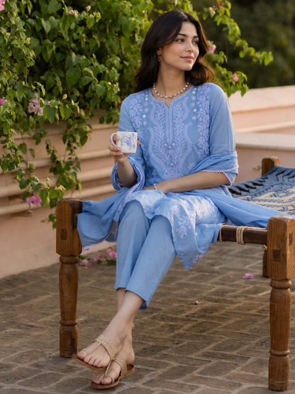 Cotton Mulmul Chikankari Embroidered Straight Suit Powder Blue - Bluauraa