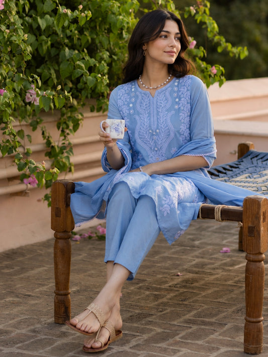 Cotton Mulmul Chikankari Embroidered Straight Suit Powder Blue - Bluauraa