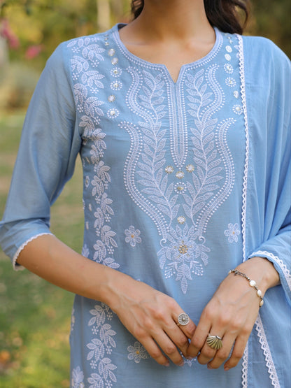 Cotton Mulmul Chikankari Embroidered Straight Suit Powder Blue - Bluauraa