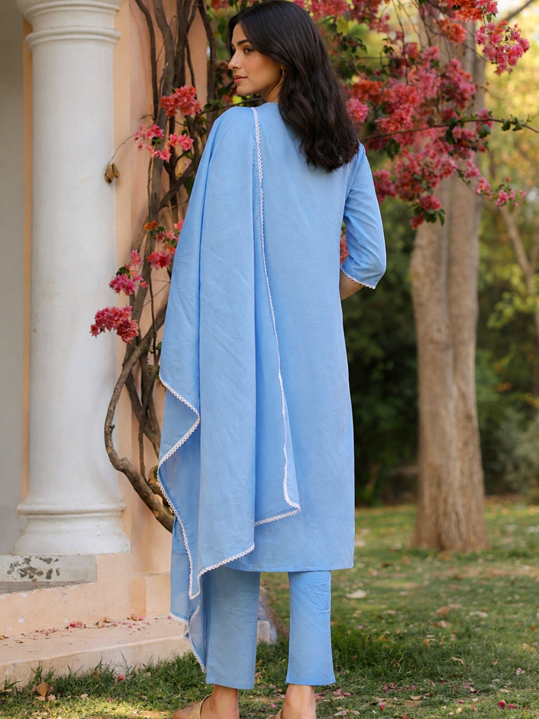 Cotton Mulmul Chikankari Embroidered Straight Suit Powder Blue - Bluauraa