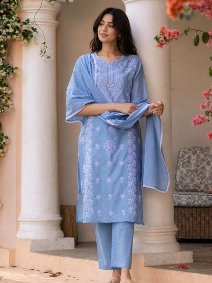 Cotton Mulmul Chikankari Embroidered Suit Powder Blue - BluAuraa