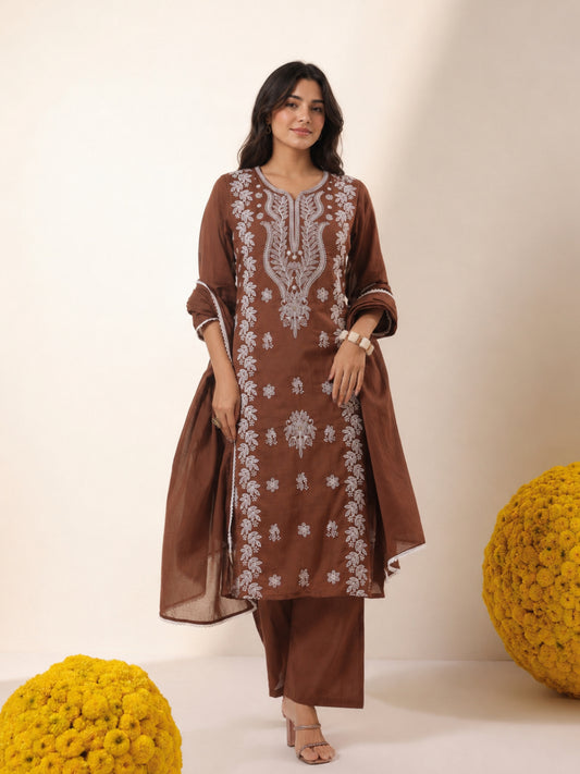 Cotton Mulmul Chikankari Embroidered Straight Suit - Chocolate - BluAuraa