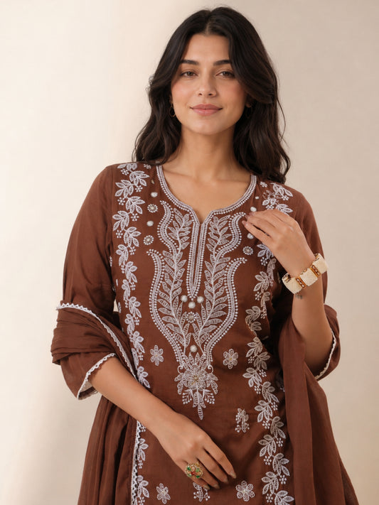 Cotton Mulmul Chikankari Embroidered Straight Suit - Chocolate - BluAuraa