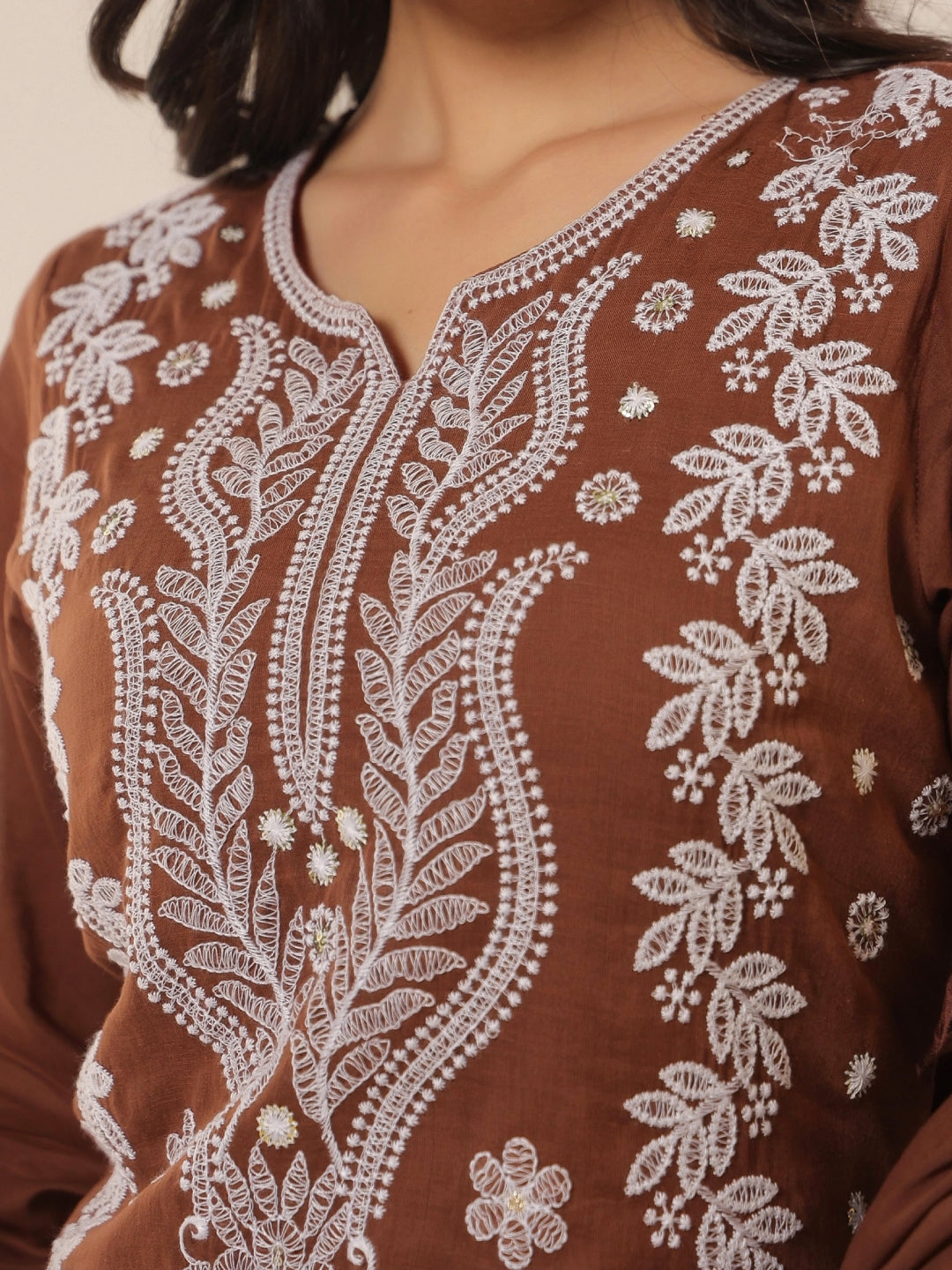 Cotton Mulmul Chikankari Embroidered Straight Suit - Chocolate - BluAuraa