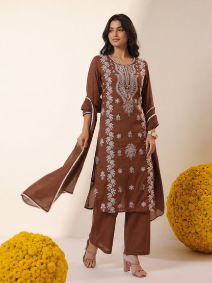 Cotton Mulmul Chikankari Embroidered Straight Suit - Chocolate - BluAuraa