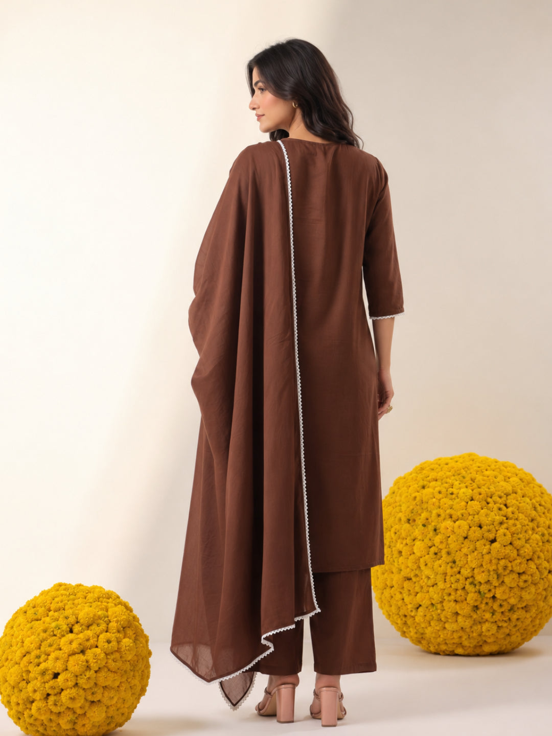 Cotton Mulmul Chikankari Embroidered Straight Suit - Chocolate - BluAuraa