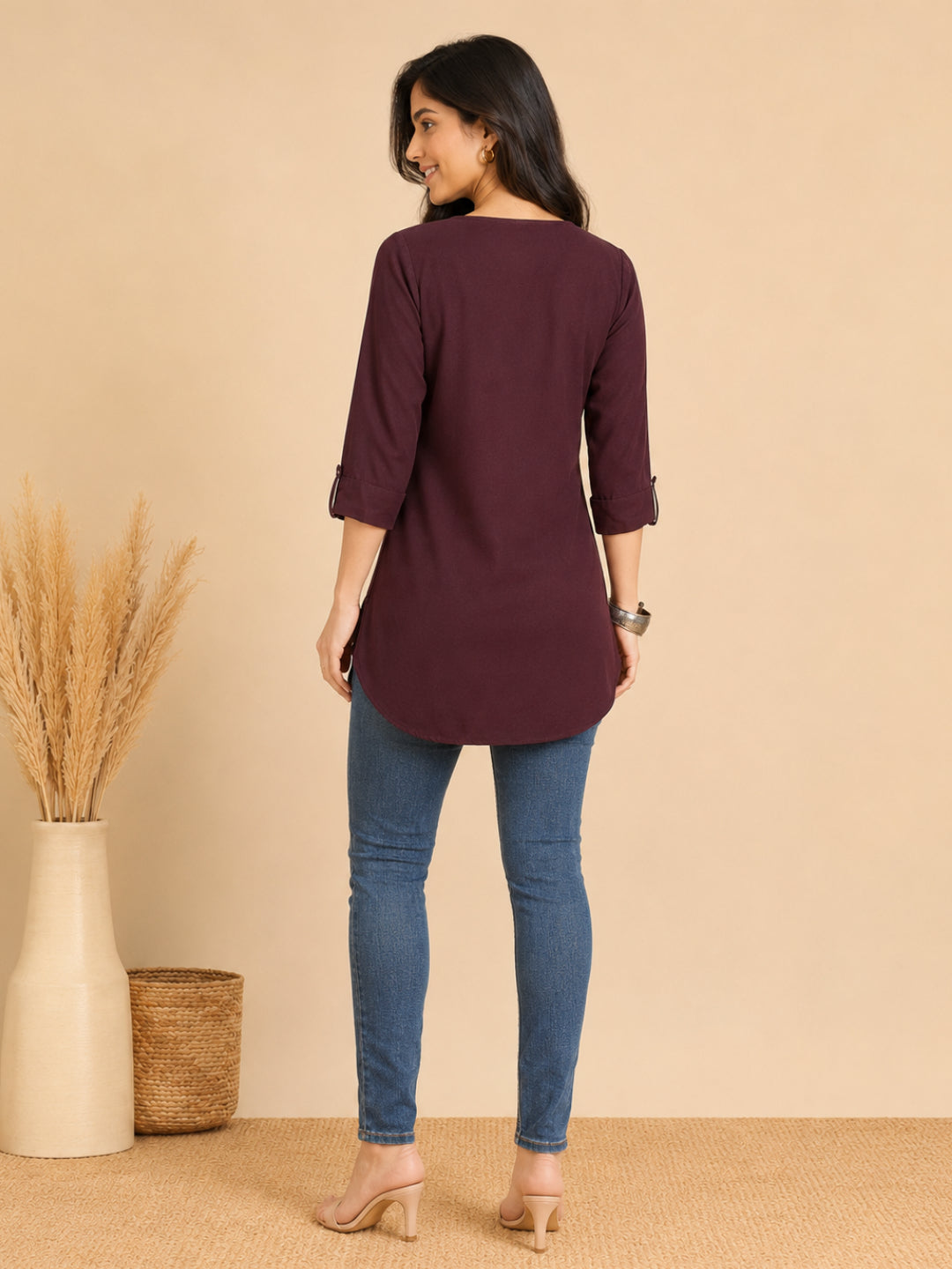 Wine Embroidered V Neck Summer Tunic - BluAuraa