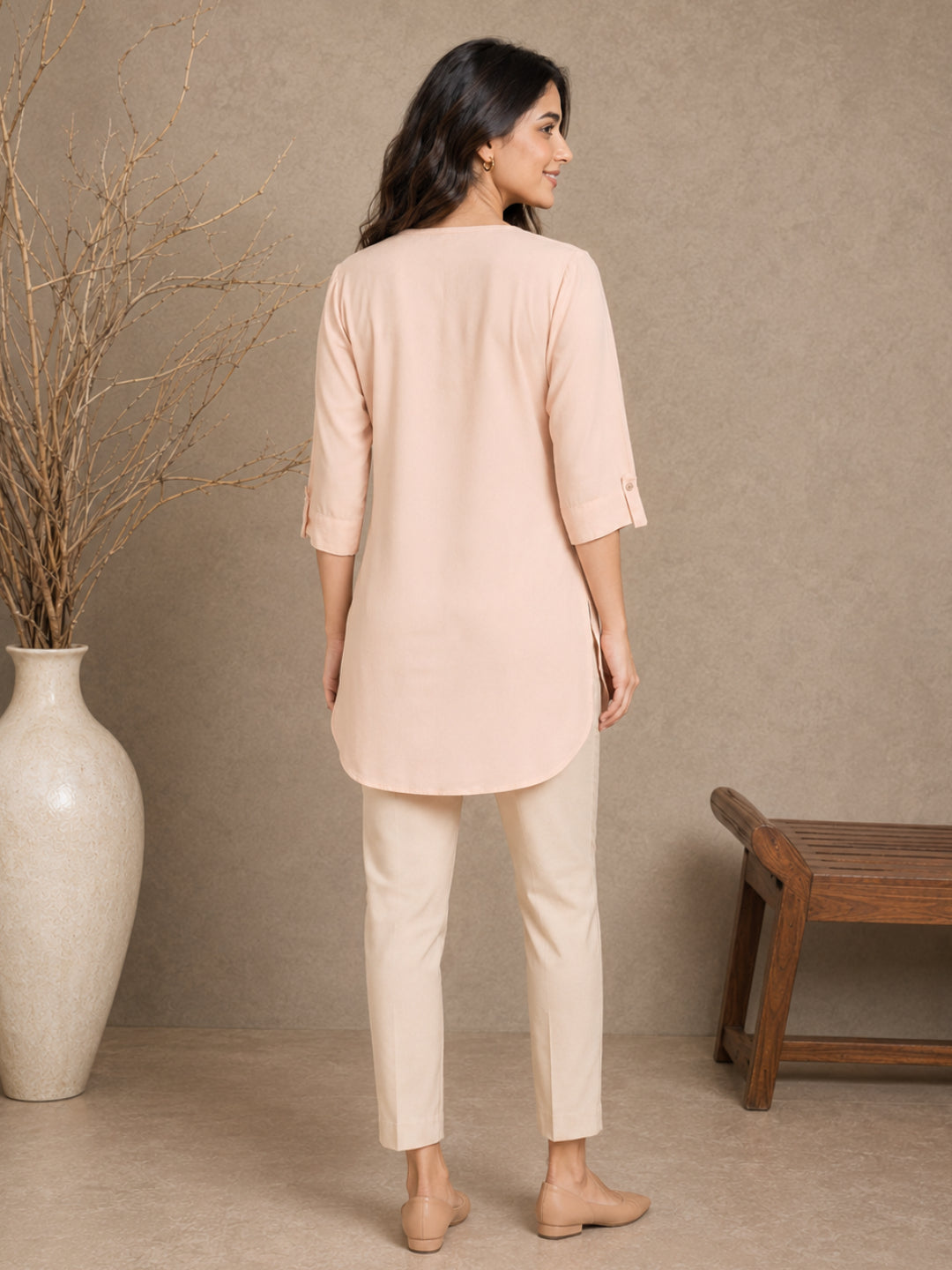 Peach Embroidered V Neck Summer Tunic - BluAuraa