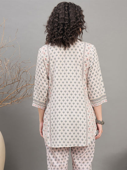 Ivory Printed Embroidered Summer Tunic - BluAuraa