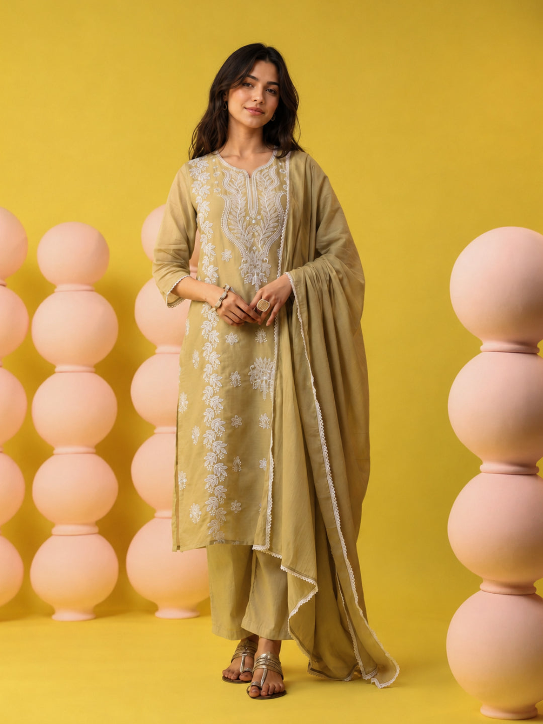 Beige - Cotton Mulmul Chikankari Embroidered Straight Suit - BluAuraa