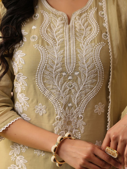 Beige - Cotton Mulmul Chikankari Embroidered Straight Suit - BluAuraa
